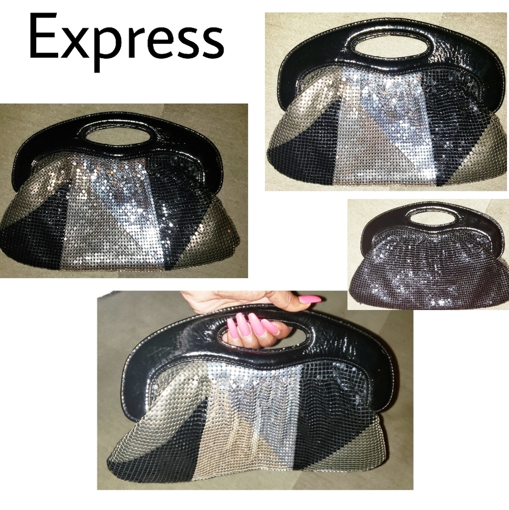 Express patent lthr blk/slvr sequin clutch.